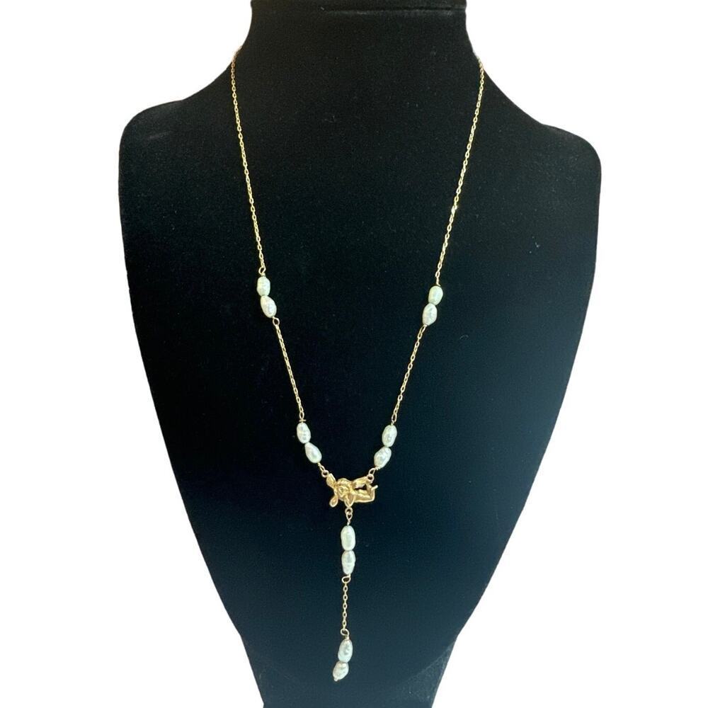 Vintage Estate OC 14K Gold Freshwater Pearl Angel Lariat Y Necklace